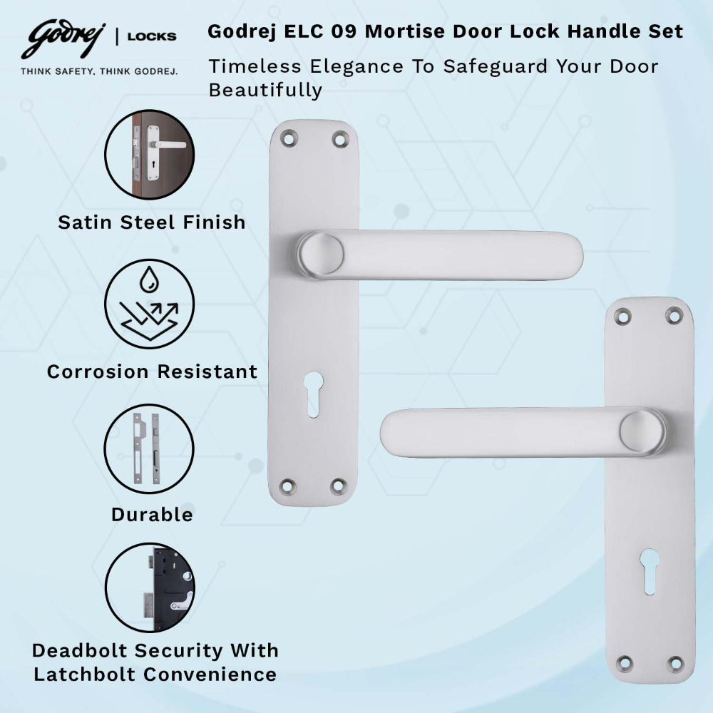 Godrej Mortise Door Lock | Handle Set | ELC 09 | 6-Lever Locking Mechanism | Reversible Latch | For Home & Office | for Wooden Doors | Satinless Finish | 5 Year Warranty